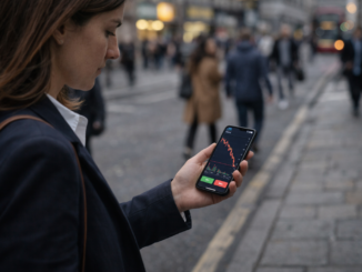 A woman looks at a smartphone showing a sharply declining price chart while standing on a city street.