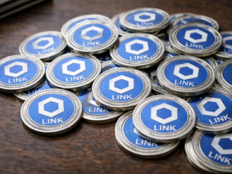 Physical Chainlink (LINK) tokens arranged in a pile on a wooden surface.