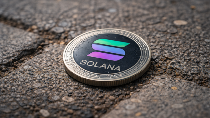 A Solana cryptocurrency coin lies on a rough pavement surface.
