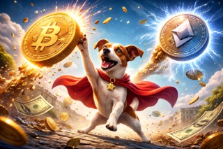 Triumphant dog with Bitcoin and Ethereum Small